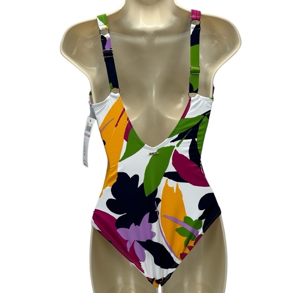 Anne Cole Side Ruched Scoop Back Floral Print One Piece Swimsuit - size 6 - Picture 2 of 9